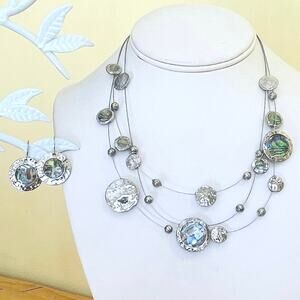 Necklace Earrings Handmade Abalone Medallion Bead Disc Silver Tone